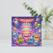 UFO付きカラフル宇宙モンスターの誕生日パーティー カード (スタンド正面)