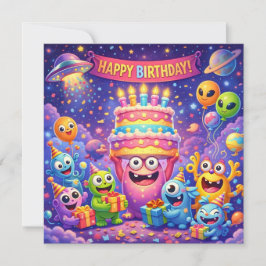 UFO付きカラフル宇宙モンスターの誕生日パーティー カード