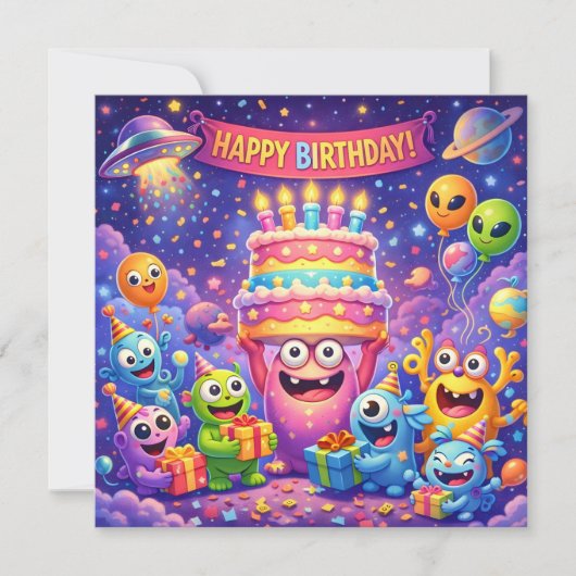 UFO付きカラフル宇宙モンスターの誕生日パーティー カード (正面)