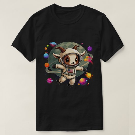 UFO付きギャラクシー ヤギTシャツ | 宇宙をテーマにした面白いアニメ Tシャツ (デザイン正面)
