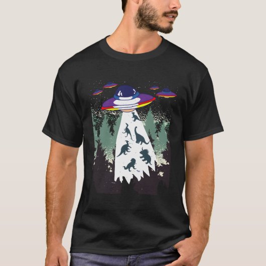 Ufo宇宙おもしろいエイリアン森林恐竜の誘拐 Tシャツ (正面)