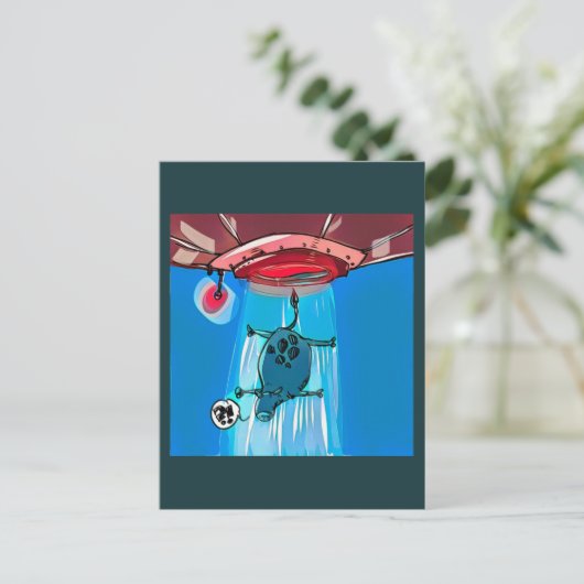 ufo拉致牛マンガスタイルおもしろいイラストレーション ポストカード (スタンド正面)