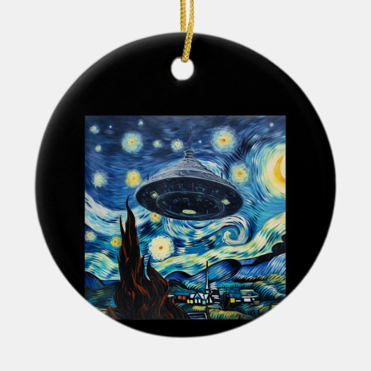 UFO目撃おもしろい星空の夜のエイリアン私はなりたい セラミックオーナメント (正面)