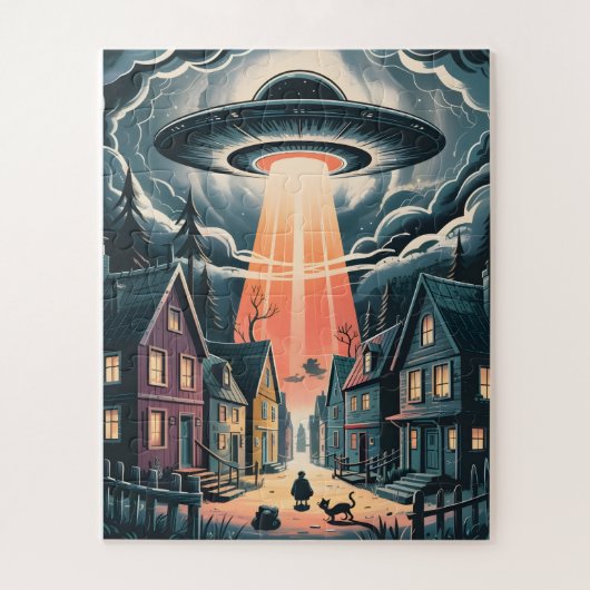 UFO誘拐の夜の街のイラスト ジグソーパズル (縦)