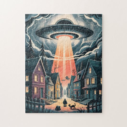 UFO誘拐の夜の街のイラスト ジグソーパズル (縦)