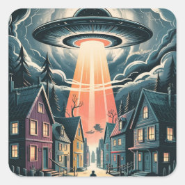 UFO誘拐の夜の街のイラスト スクエアシール