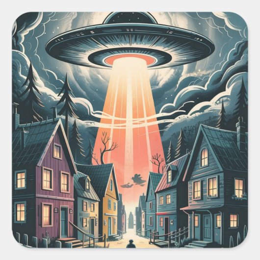 UFO誘拐の夜の街のイラスト スクエアシール (正面)