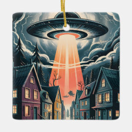 UFO誘拐の夜の街のイラスト セラミックオーナメント