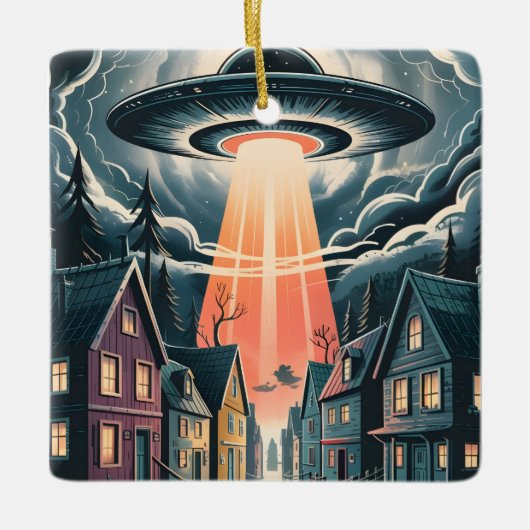 UFO誘拐の夜の街のイラスト セラミックオーナメント (正面)