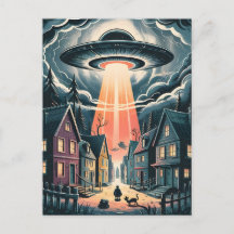 UFO誘拐の夜の街のイラスト