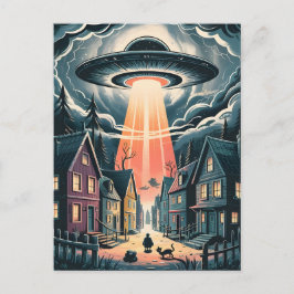 UFO誘拐の夜の街のイラスト ポストカード