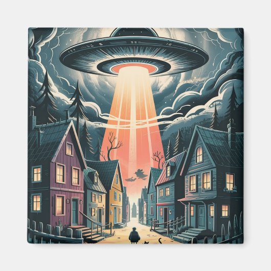 UFO誘拐の夜の街のイラスト マグネット (正面)