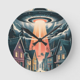 UFO誘拐の夜の街のイラスト ラウンド壁時計