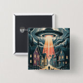 UFO誘拐の夜の街のイラスト 缶バッジ (正面&裏面)