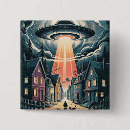 UFO誘拐の夜の街のイラスト 缶バッジ