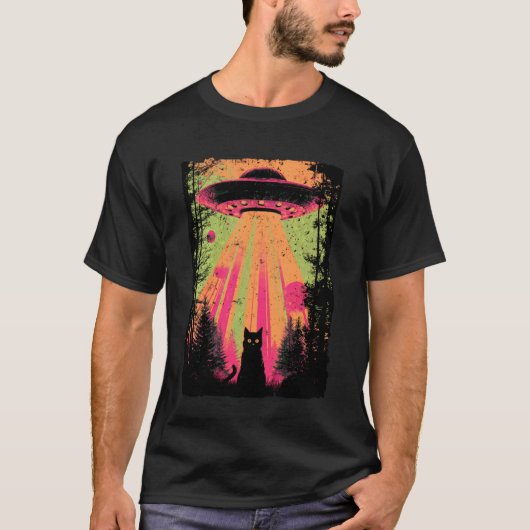 UFO誘拐ネコ ビンテージSF レトロ宇宙人アートG Tシャツ (正面)