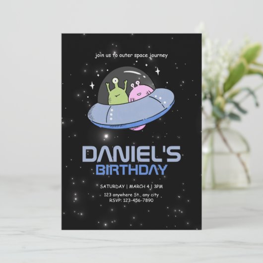 UFO エイリアンの誕生日パーティー 宇宙誕生日 招待状 (スタンド正面)