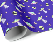 UFO、エイリアン顔、青い背景の星 ラッピングペーパー (ロールコーナー)