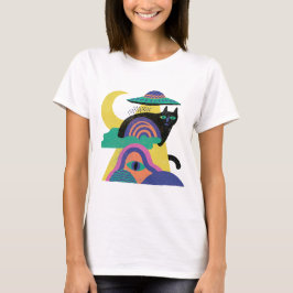 UFO 黒猫 月 アート Tシャツ