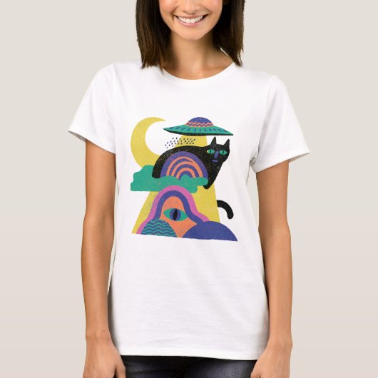 UFO 黒猫 月 アート Tシャツ (正面)