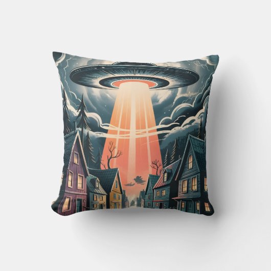 UFO Abduction Night Street Illustration クッション (正面)