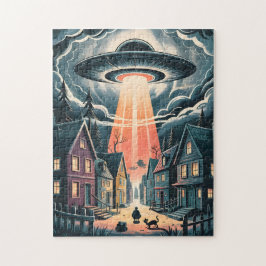 UFO Abduction Night Street Illustration ジグソーパズル