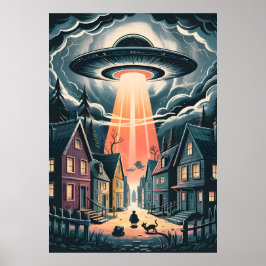 UFO Abduction Night Street Illustration ポスター
