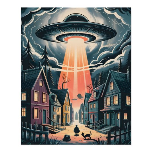 UFO Abduction Night Street Illustration ポスター (正面)