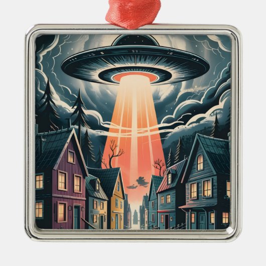 UFO Abduction Night Street Illustration メタルオーナメント (正面)