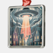 UFO Abduction Night Street Illustration メタルオーナメント (左)