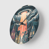 UFO Abduction Night Street Illustration ラウンド壁時計 (傾斜)