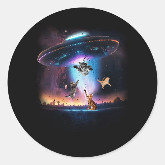 UFO Holding Cats Sci-fiエイリアン宇宙銀河系Cat Lov ラウンドシール (正面)