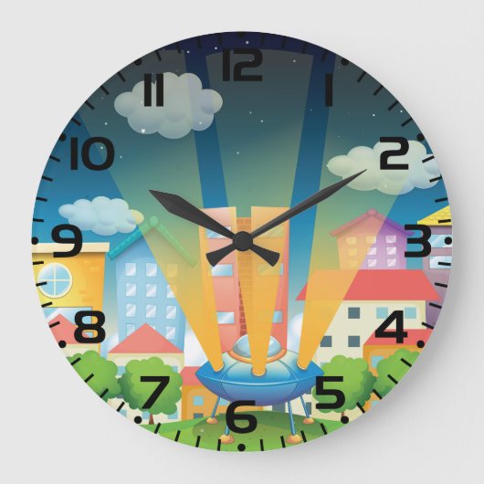 UFO Landing in a Bright City Night Scene ラージ壁時計 (正面)