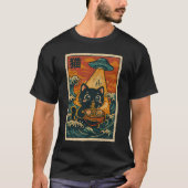 UFO Retro Japanese 浮世絵 かわいい猫 ラーメンを食べる Tシャツ (正面)