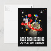 UFO Sci Fiエイリアン宇宙船での2匹の猫のシーン ポストカード (正面/裏面)