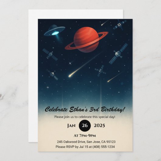 UFO & Space Station Galaxy Illustration Birthday  招待状 (正面/裏面)
