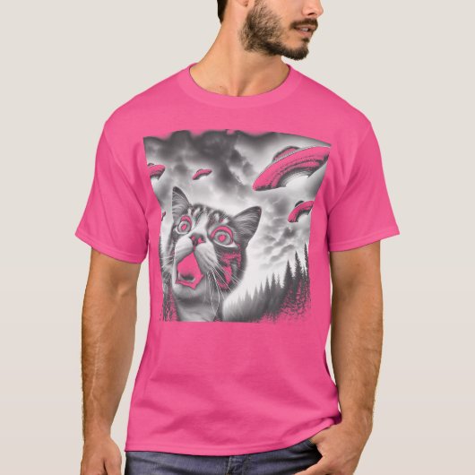 Ufosおもしろい猫の自撮り Tシャツ (正面)