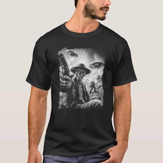 UFOs Weiと面白いハロウィーンゾンビカウボーイセルフィー Tシャツ (正面)