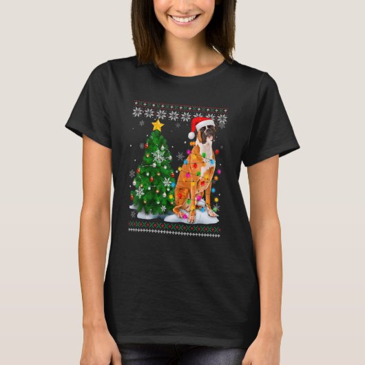 Ugly Boxer Dog Santa Hat Christmas Tree Light Tシャツ (正面)