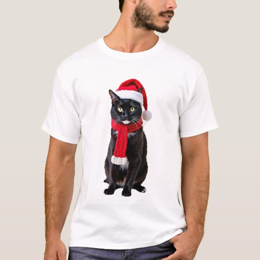 Ugly Christmas Black Cat Santa Hat Scarf Holiday C Tシャツ (正面)