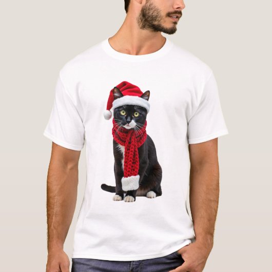 Ugly Christmas Black Cat Santa Hat Scarf Holiday C Tシャツ (正面)