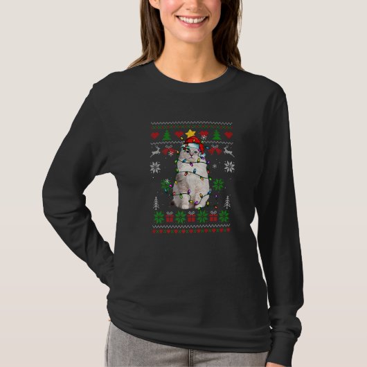 Ugly Christmas Ragdoll Cat Lights Santa Hat Tシャツ (正面)