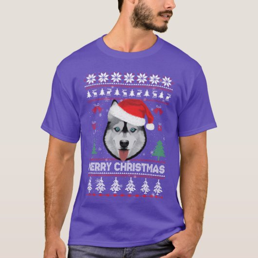 Ugly Christmas Sweater Husky Santa Merry Christmas Tシャツ (正面)