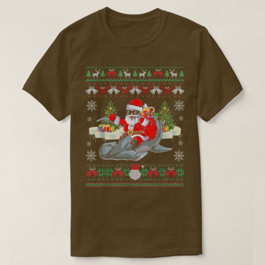 Ugly Christmas Sweater Santa Riding Hammerhead Sha Tシャツ (デザイン正面)