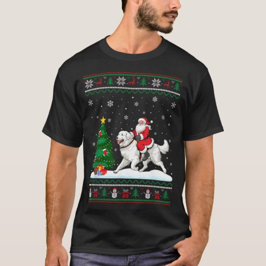 Ugly Christmas Tree Lights Santa Riding Great Pyre Tシャツ (正面)