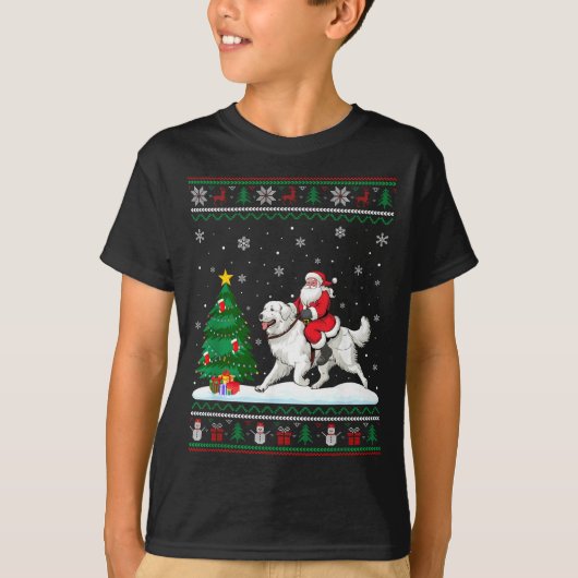 Ugly Christmas Tree Lights Santa Riding Great Pyre Tシャツ (正面)