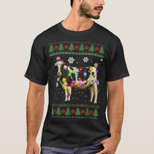 Ugly Cow Christmas Sweater Santa Hat And Light Up  Tシャツ (正面)