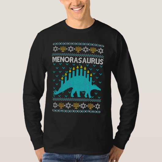 Ugly Hanukkah Sweater Dinosaur Menorah Dino Boys M Tシャツ (正面)