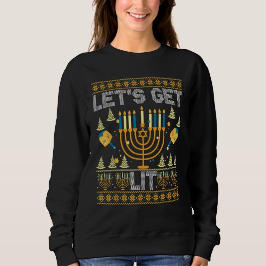 Ugly Hanukkah Sweater  Let's Get Lit Drinking Tee スウェットシャツ (正面)