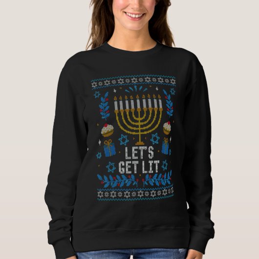 Ugly Hanukkah Sweater Lets Get Lit Menorah Men Wom スウェットシャツ (正面)